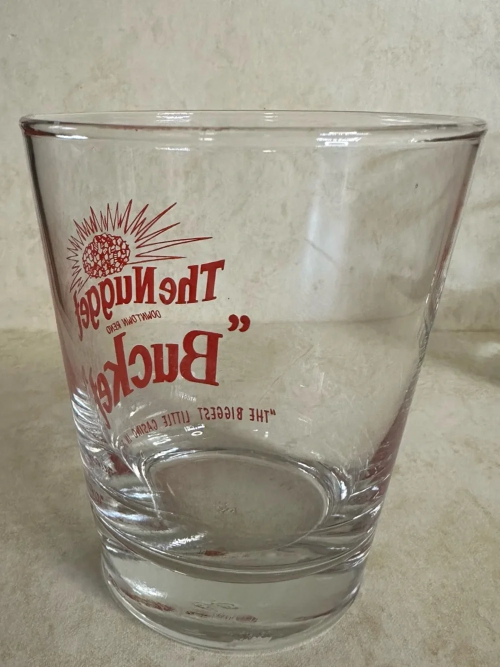 2 Vintage The Nugget Bucket Reno Casino Cocktail Bar Glasses Red Lettering 4.5”